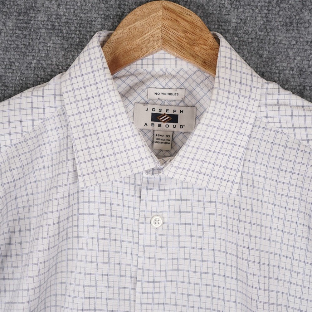 Joseph Abboud Dress Shirt Mens 16.5 37‎ White Blue Windowpane No Wrinkle Cotton